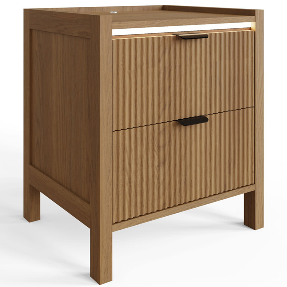 GFW Zion 2 Drawer Oak Ribbed Bedside Table with Ambient LED Image 4
