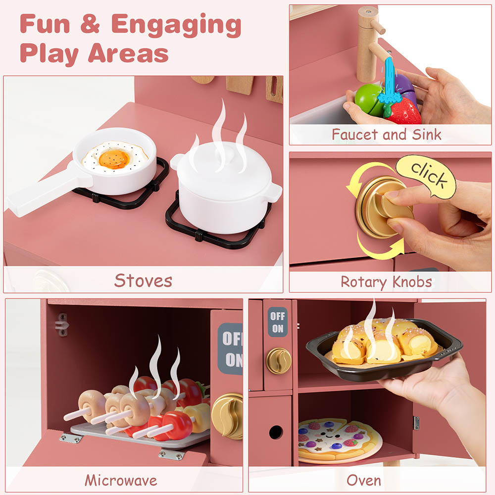 Costway Kids Pink Wooden Kitchen Play Set with Stoves Faucet Image 4