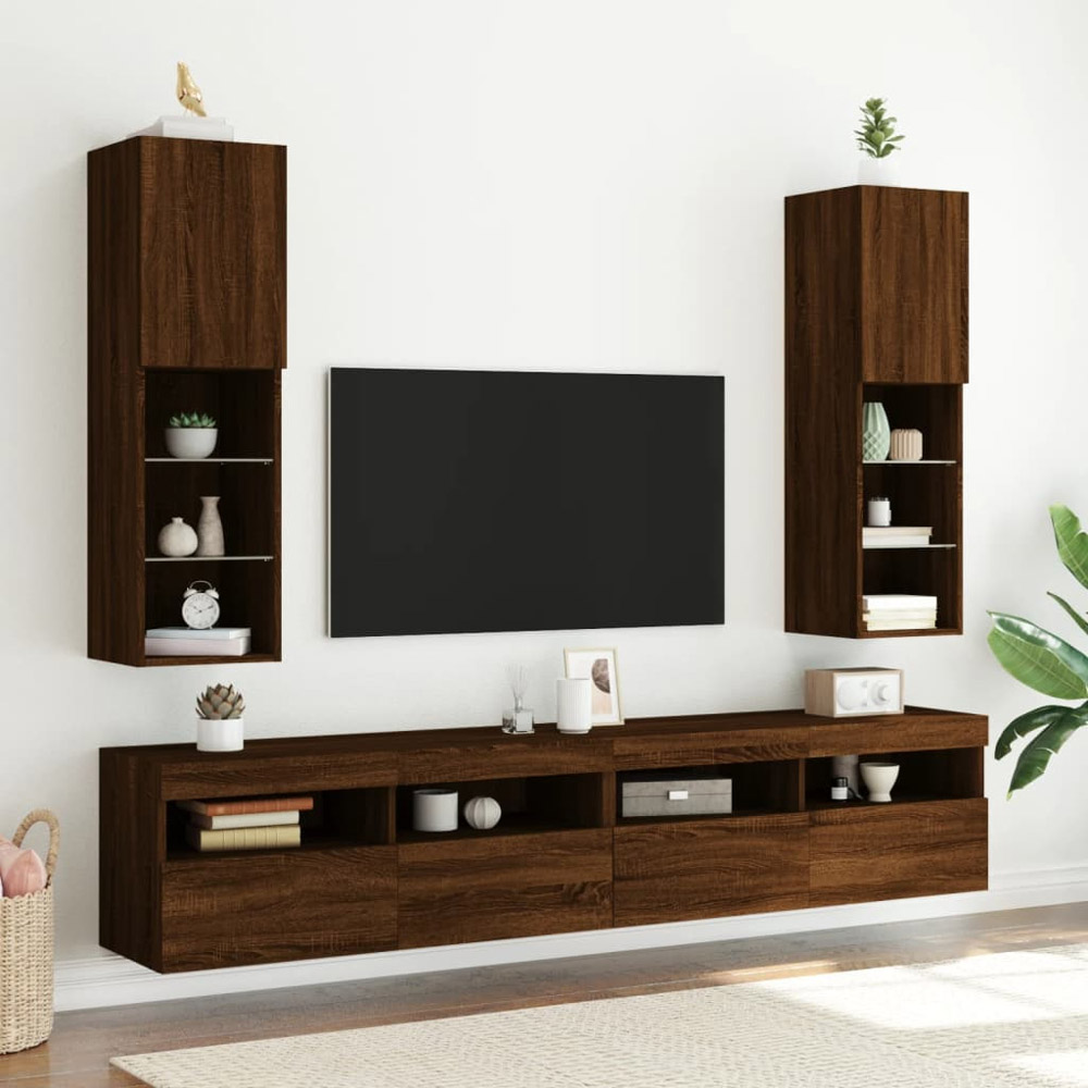 vidaXL Single Door 3 Open Shelf Brown Oak Narrow TV Cabinet with LED Light Image 3