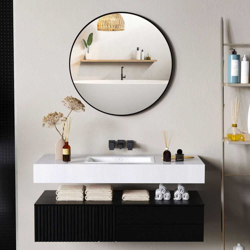 HOMCOM Black Steel Frame Round Bathroom Mirror 70 x 70cm Image 2