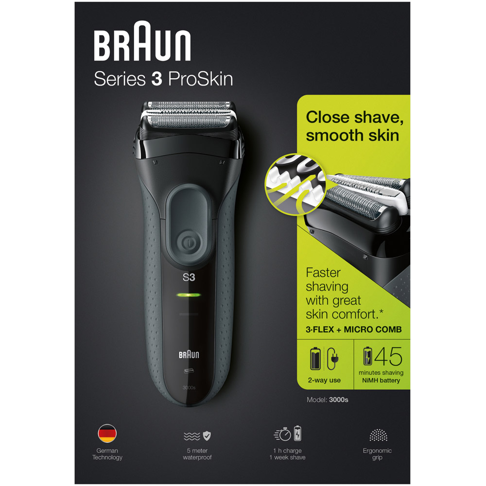 Braun Series 3 ProSkin 3000s Black Rechargeable Electric Razor Image 1
