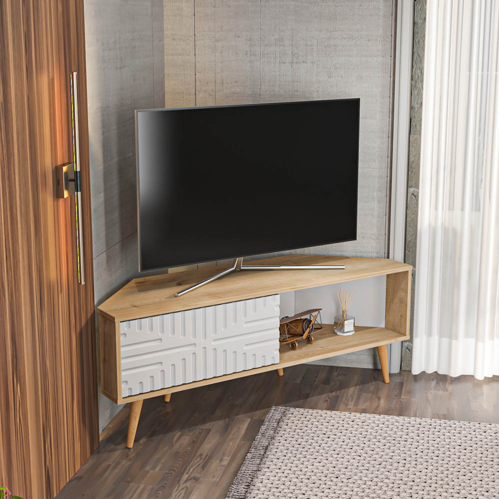 Decorotika Mora Single Sliding Door Sapphire Oak and White Corner TV Unit Image 8