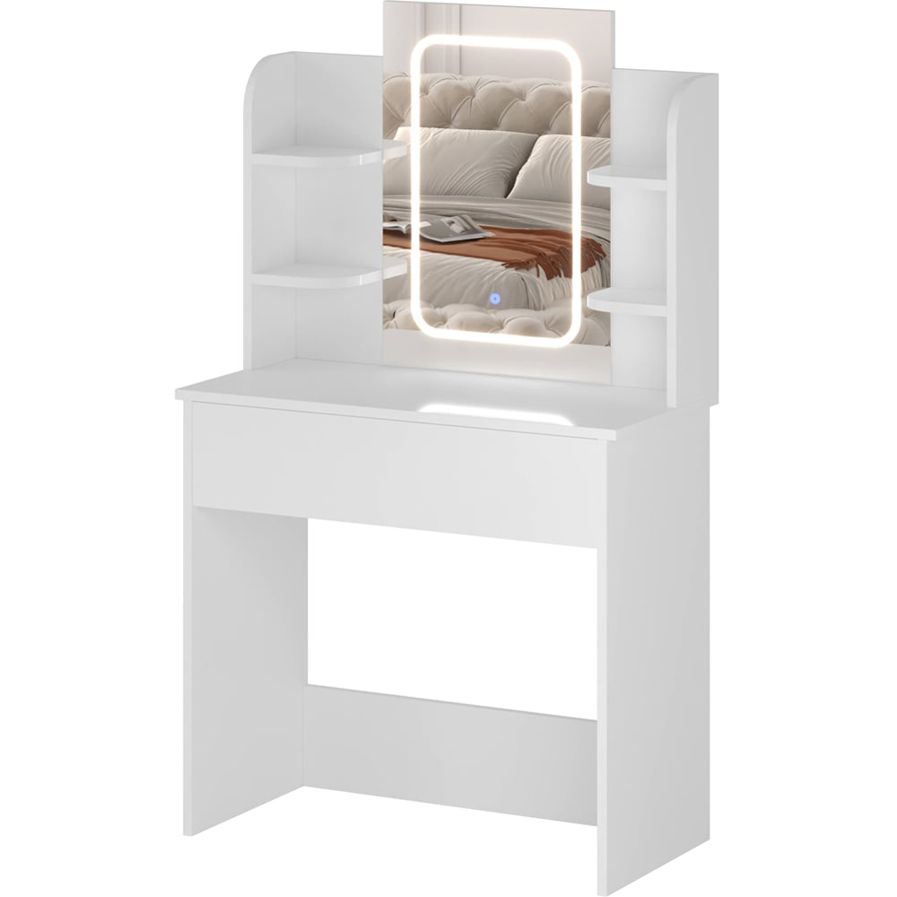FurnitureHMD Single Drawer 4 Shelf White Wooden Dressing Table with Adjustable LED Mirror Image 2