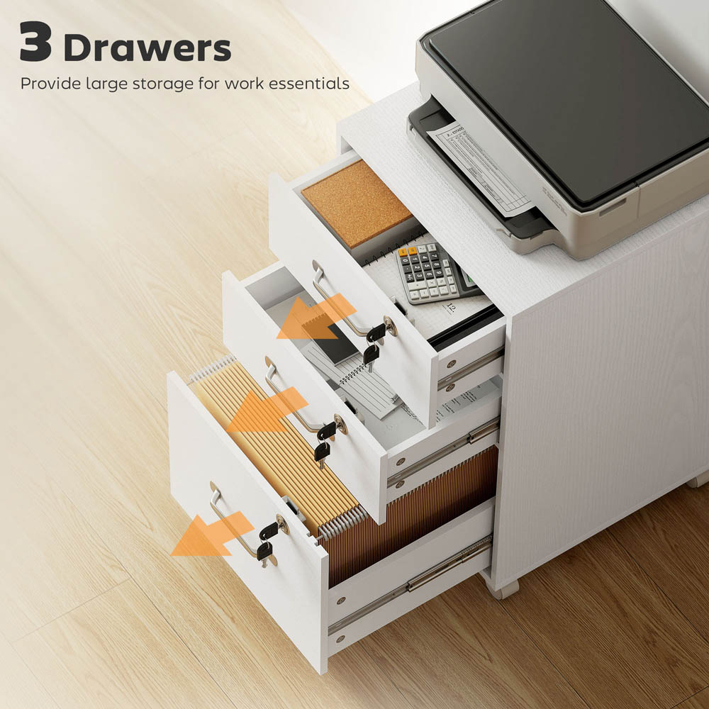 Portland 3 Drawer White Mobile Lockable Filing Cabinet with Keys Image 7