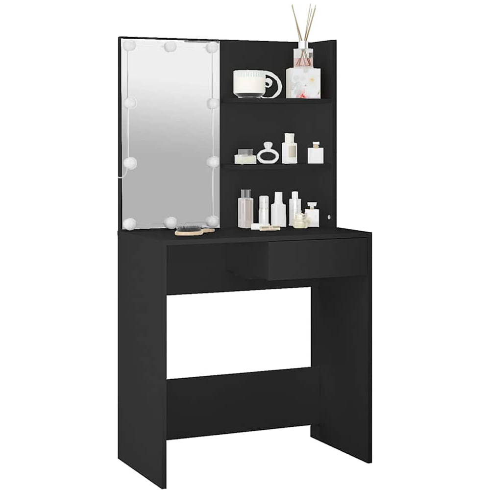 vidaXL Single Drawer 2 Shelf Black Dressing Table with LED Mirror Image 5