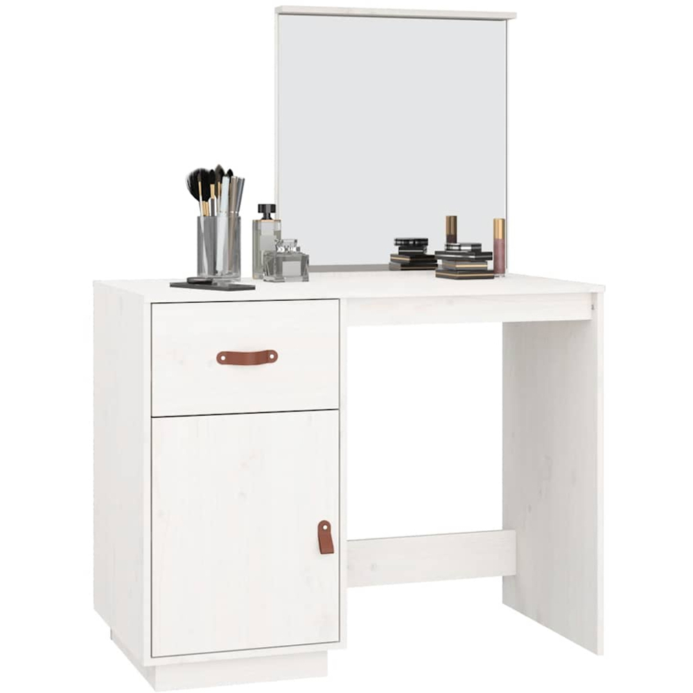 vidaXL Single Door Single Drawer White Solid Wood Pine Dressing Table with Mirror Image 4
