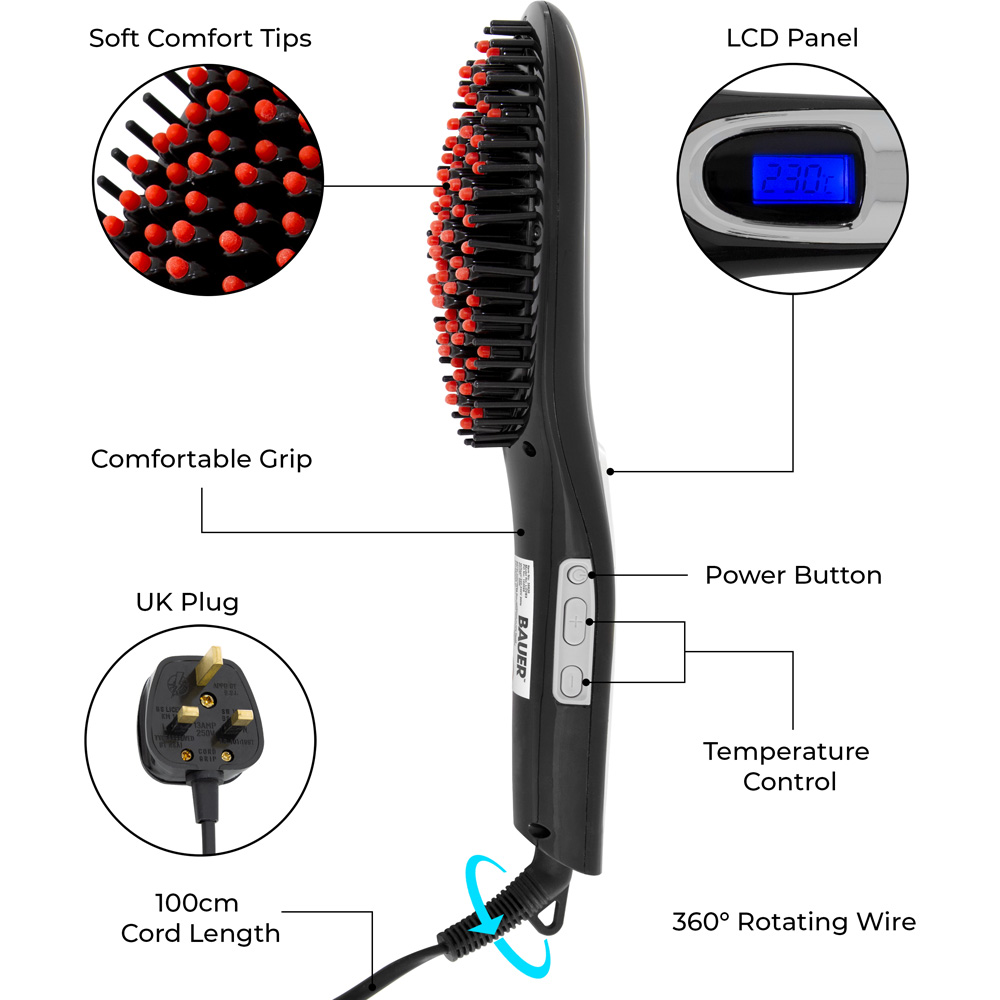 Bauer Professional Ceramic Black Hair Straightening Brush Image 8