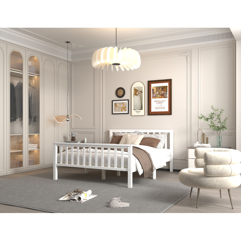 FurnitureHMD Double White Pine Wood Bed Frame with Headboard and Footboard Image 3