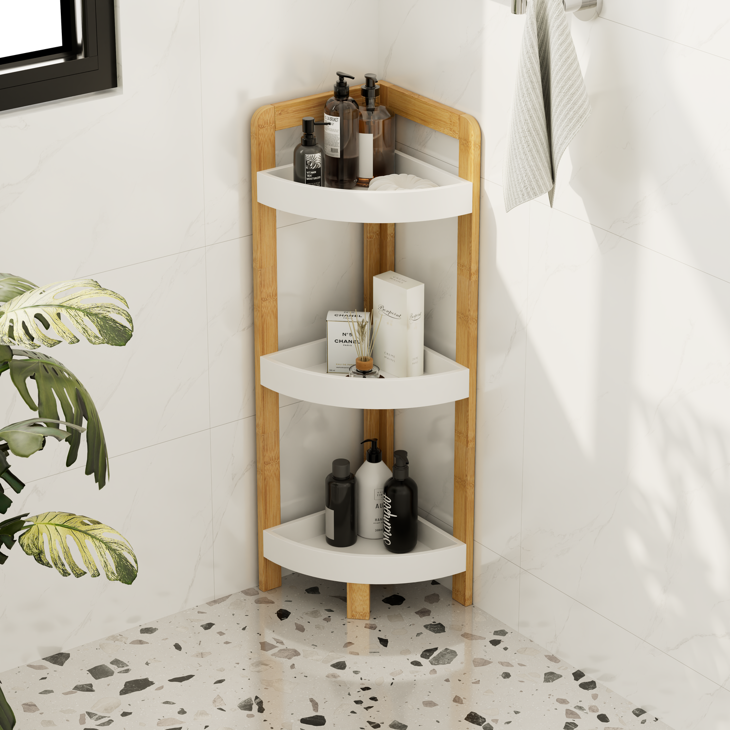 Bamboo Corner Caddy White and Wood Image 1