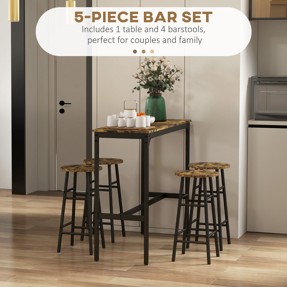 HOMCOM 4 Seater Rustic Brown Industrial Style Bar Table and Stool Set Image 6