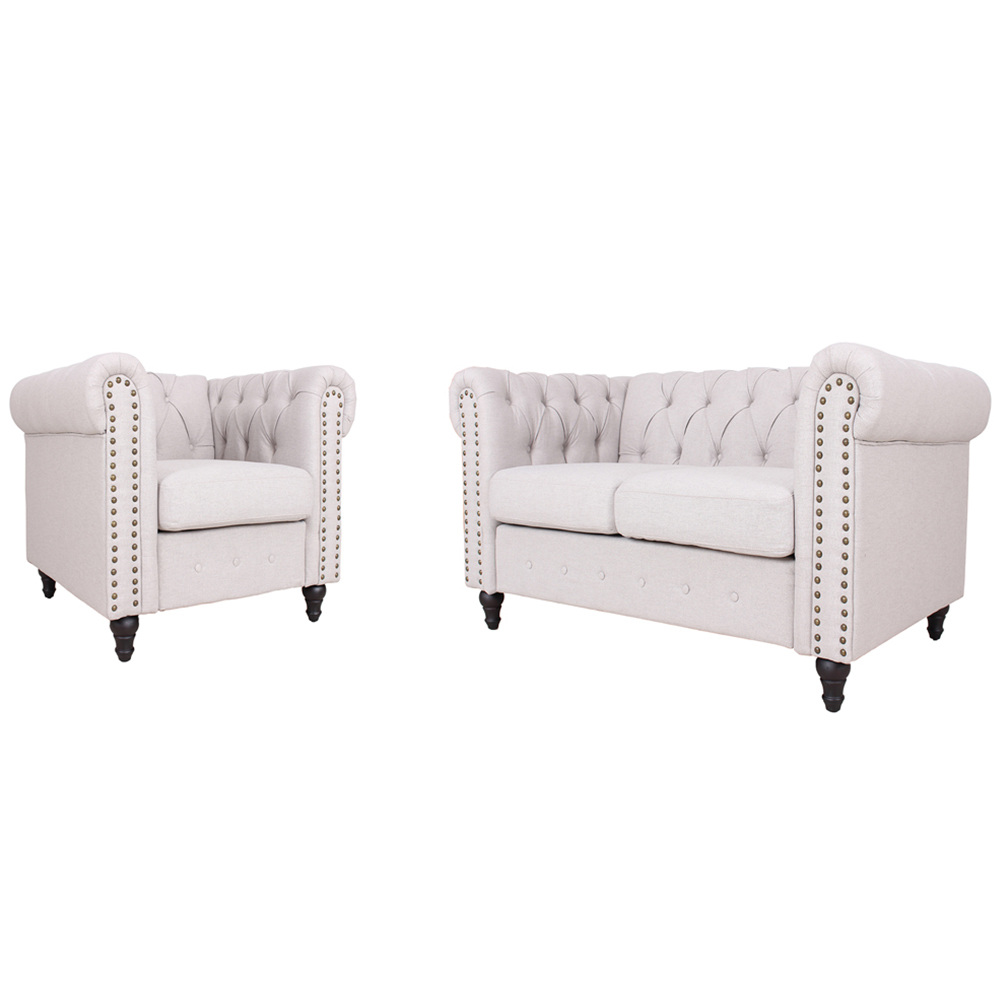 Furniture One 3 Seater Light Grey Nailhead Trim Sofa Set Image 2