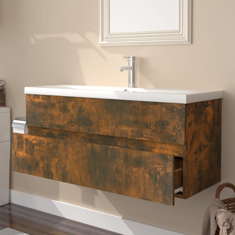 vidaXL 2 Drawer Smoked Oak and White Sink Cabinet with Basin Image 1