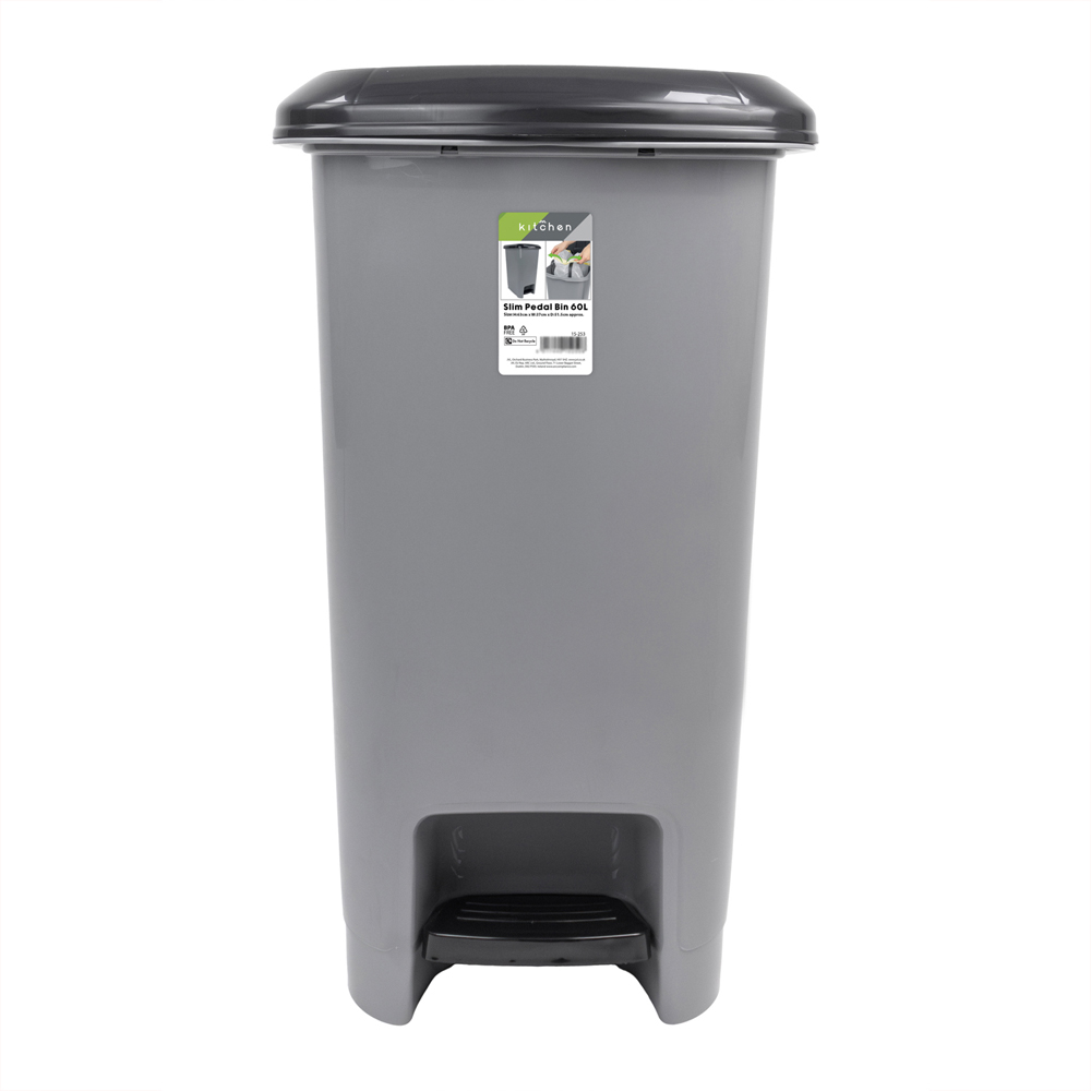 JVL Grey Plastic Slim Foot Pedal Bin with Lid and Handle 60L Image 2