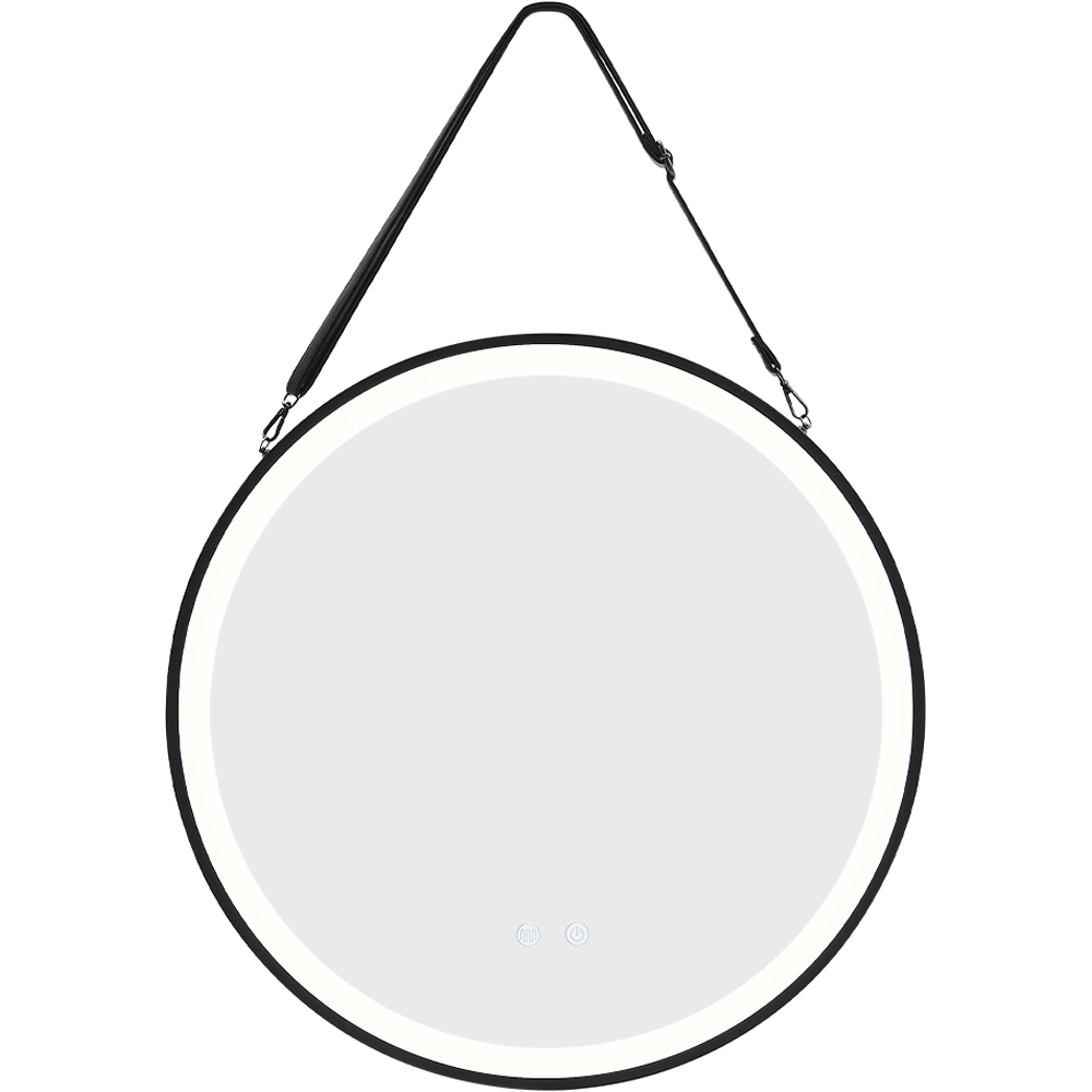Living and Home Black Round Metal Frame LED Wall Mirror with Hanging Strap Image 1