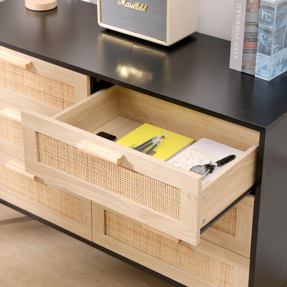 FurnitureHMD 6 Drawer Black and Natural Rattan Woven Front Wooden Chest of Drawers Image 7