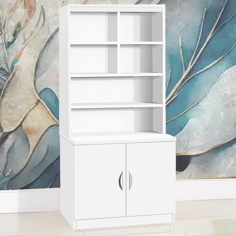 R White Cabinets 2 Door 6 Shelf White Desk Height Wide Cupboard with Hutch Image 1