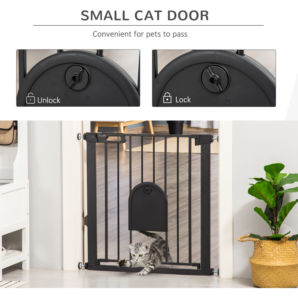 PawHut Black 75-82cm Stair Pressure Fit Pet Safety Gate with Small Cat Flap Image 6