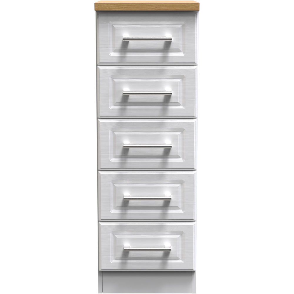 Crowndale Kent 5 Drawer White Ash and Modern Oak Tall Bedside Cabinet Ready Assembled Image 2