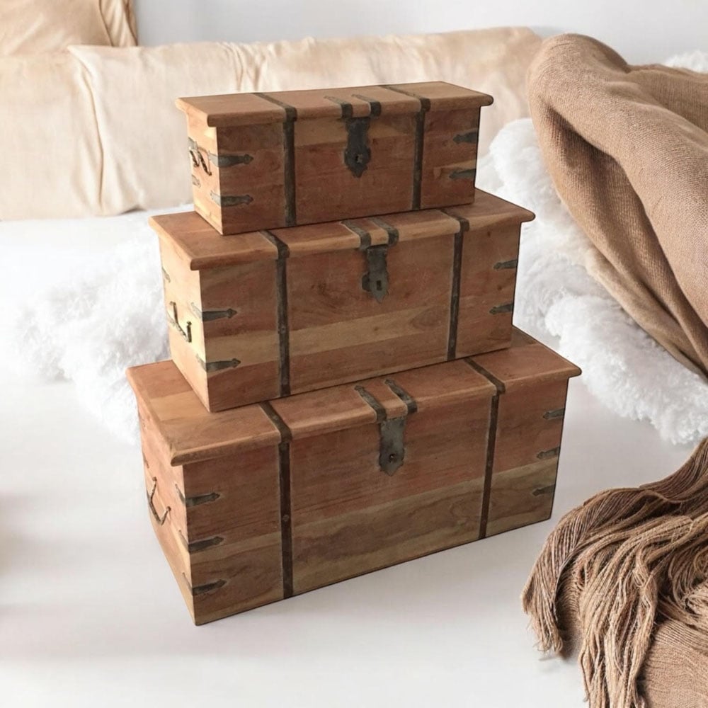 Acacia Home Brown Wooden Chest 101cm Set of 3 Image 3