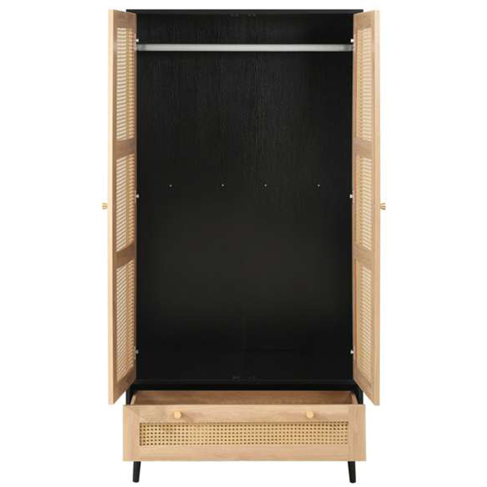 Croxley 2 Door Single Drawer Black and Oak Rattan Wardrobe Image 4