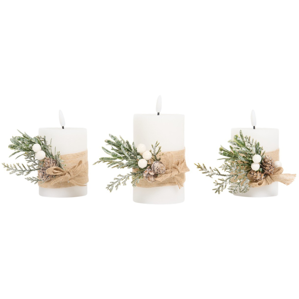 Set of 3 Hessian Pine LED Candles - White Image 1