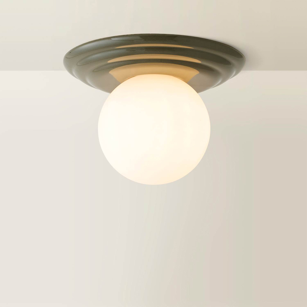 ValueLights Rue Frosted Glass Shade Olive Ribbed Ceramic Base Flush Ceiling Light with Bulb Image 3