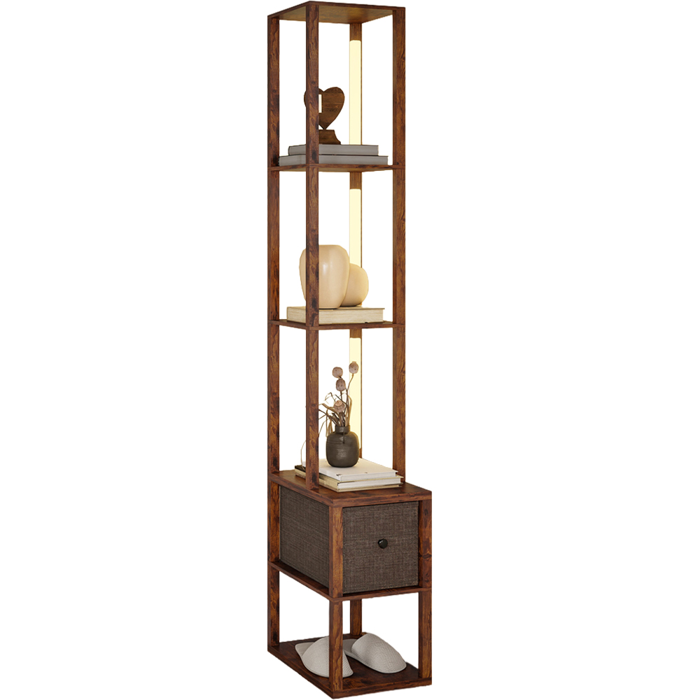 HOMCOM Single Drawer 4 Shelf Rustic Brown LED Floor Lamp Image 1