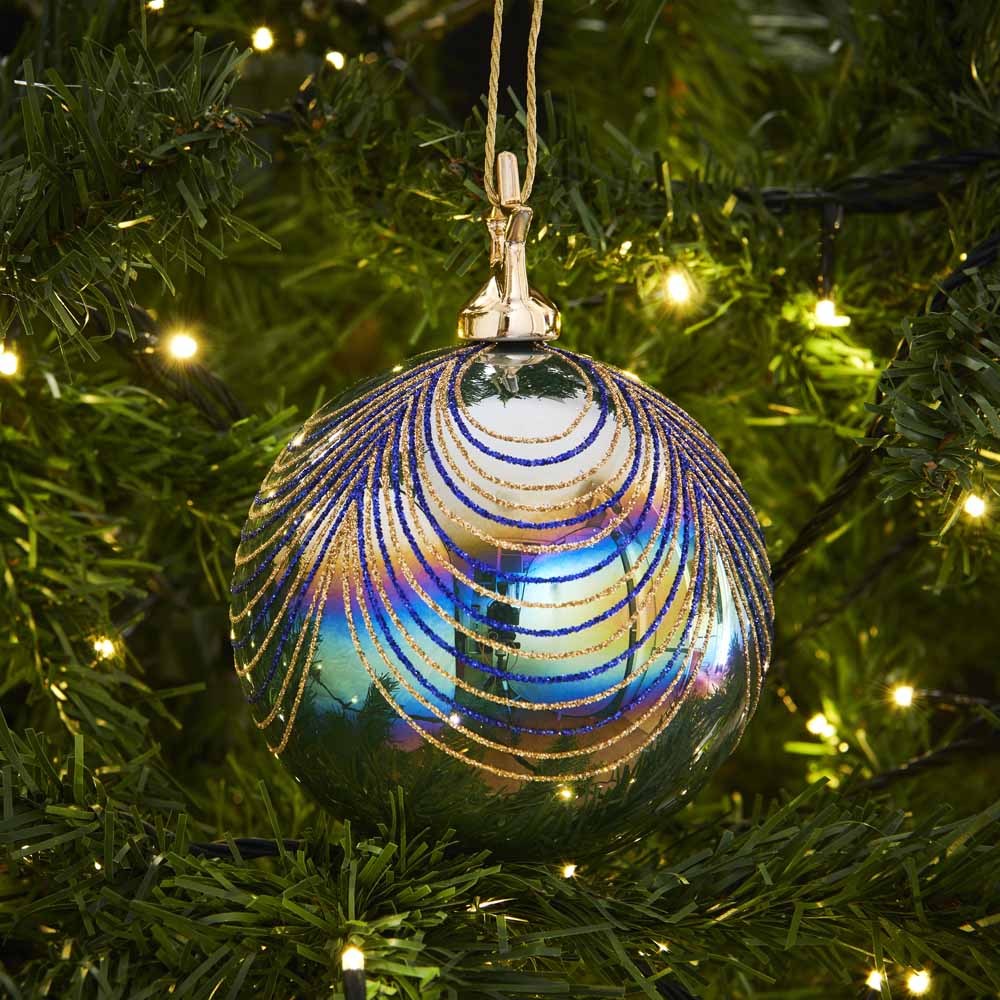 Wilko Luxe Peacock Deco Christmas Bauble 10cm Image 2