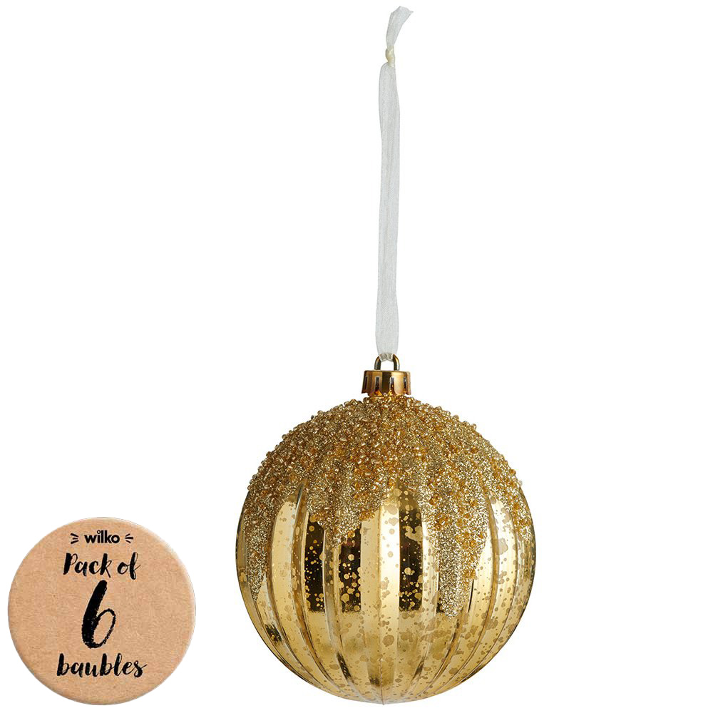 Wilko 6 Pack Majestic Gold Pleated Bauble Image 1