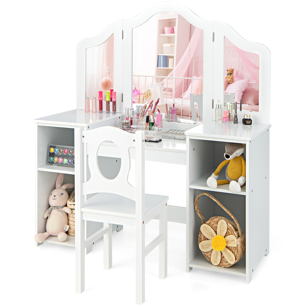 Costway White Kids Makeup Set with Tri Folding Detachable Mirror Image 3