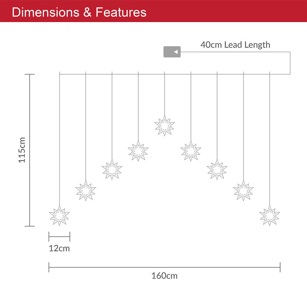 The Christmas Workshop 9 3D Star Warm White Curtain String Light Image 8
