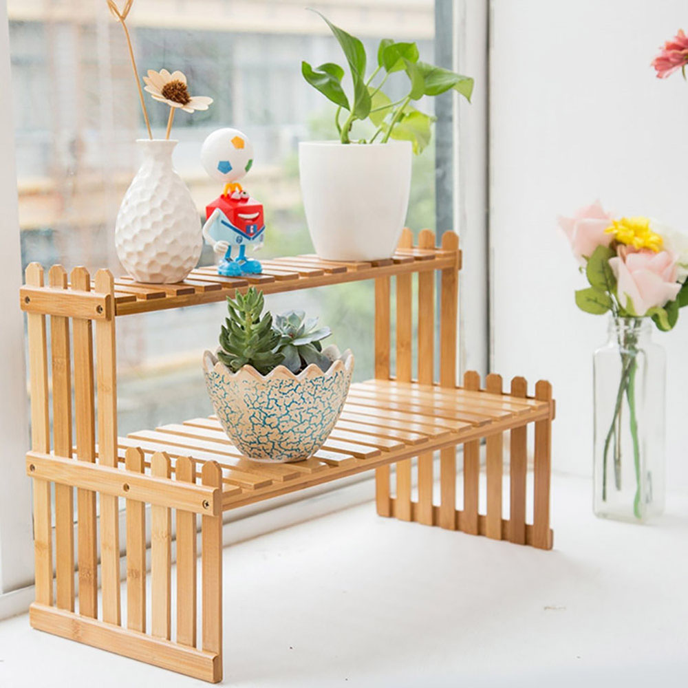 Living and Home 2 Shelf Wooden Tabletop Natural Plant Stand Image 8
