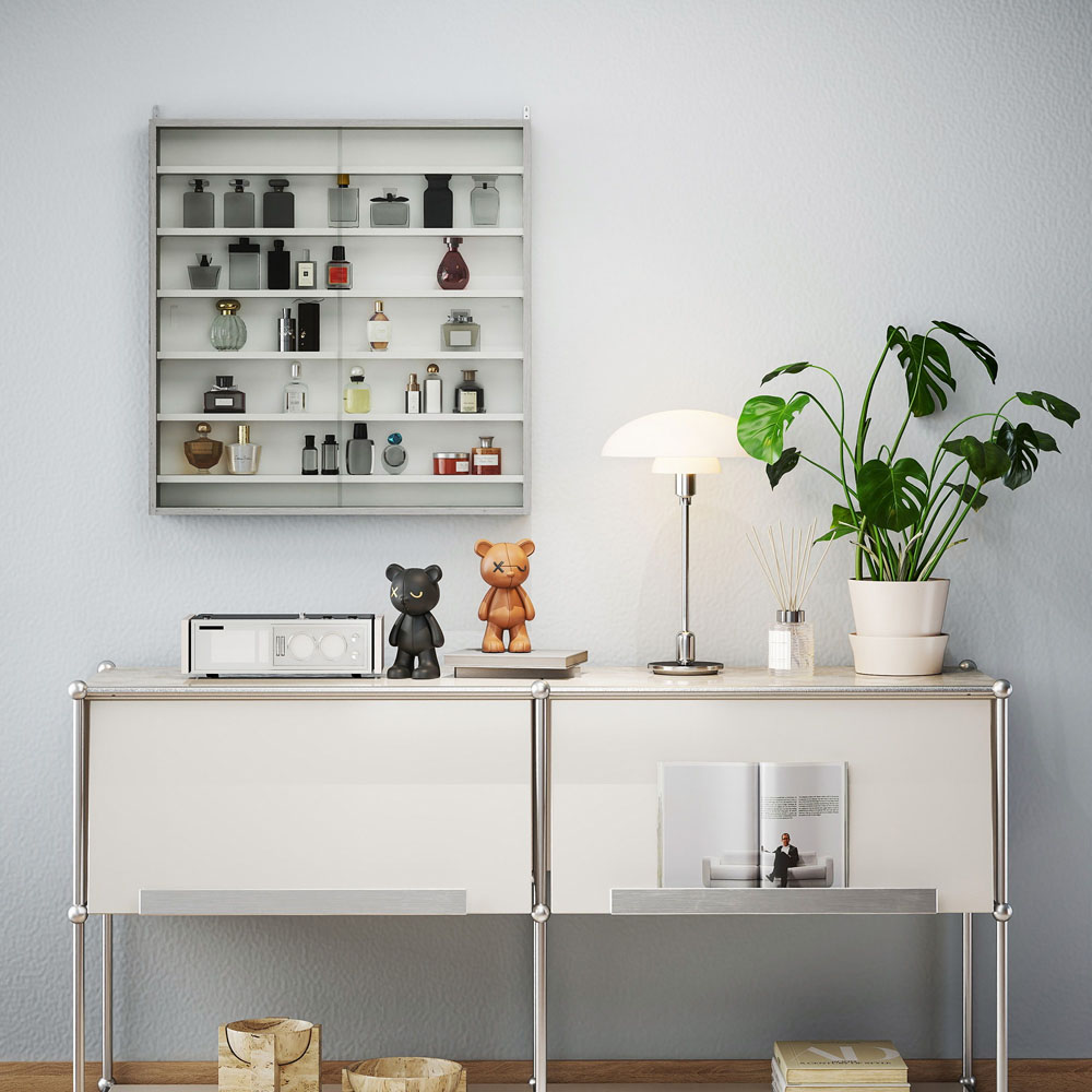 HOMCOM 7-Tier Glass Doors Graphite Wood Effect Wall Display Cabinet Image 5