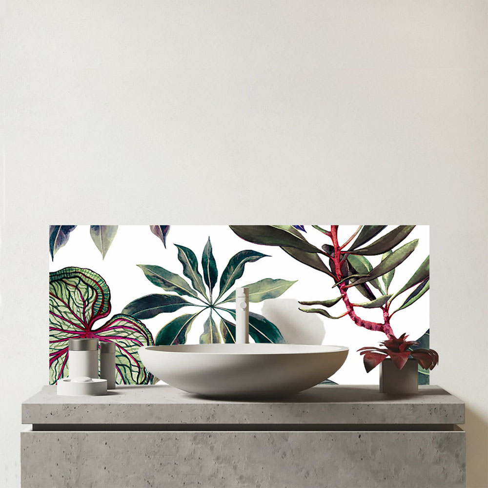 Warren Reed Designer Watercolour Tropical Leaves Glass Bathroom Splashback 25 x 60cm Image 1