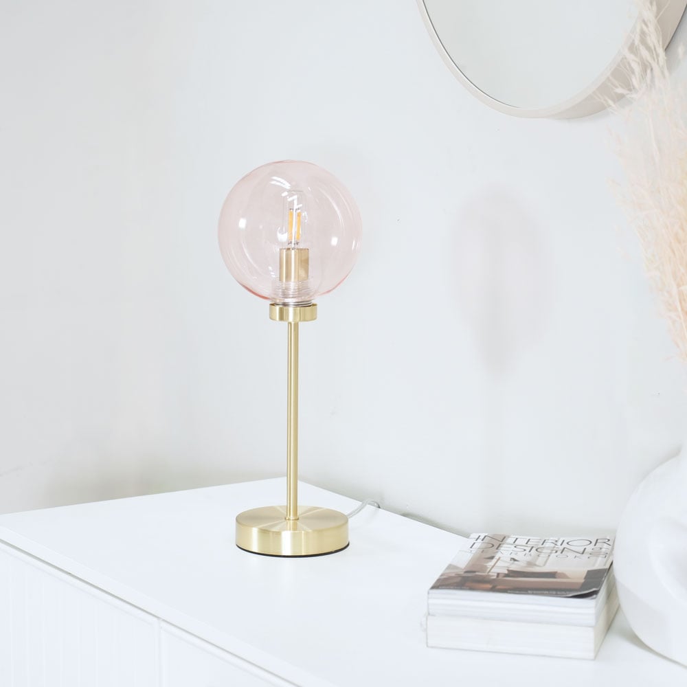 ValueLights Frenchie Pink Tinted Globe Gold Stem LED Table Lamp Image 5
