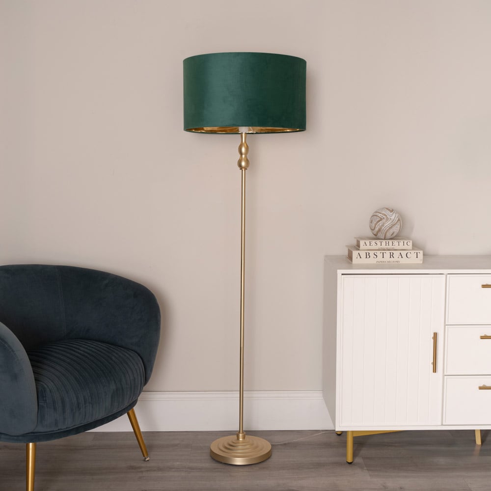 ValueLights Maggie Gold Candlestick LED Floor Lamp with Forest Green and Gold Lamp Shade Image 2