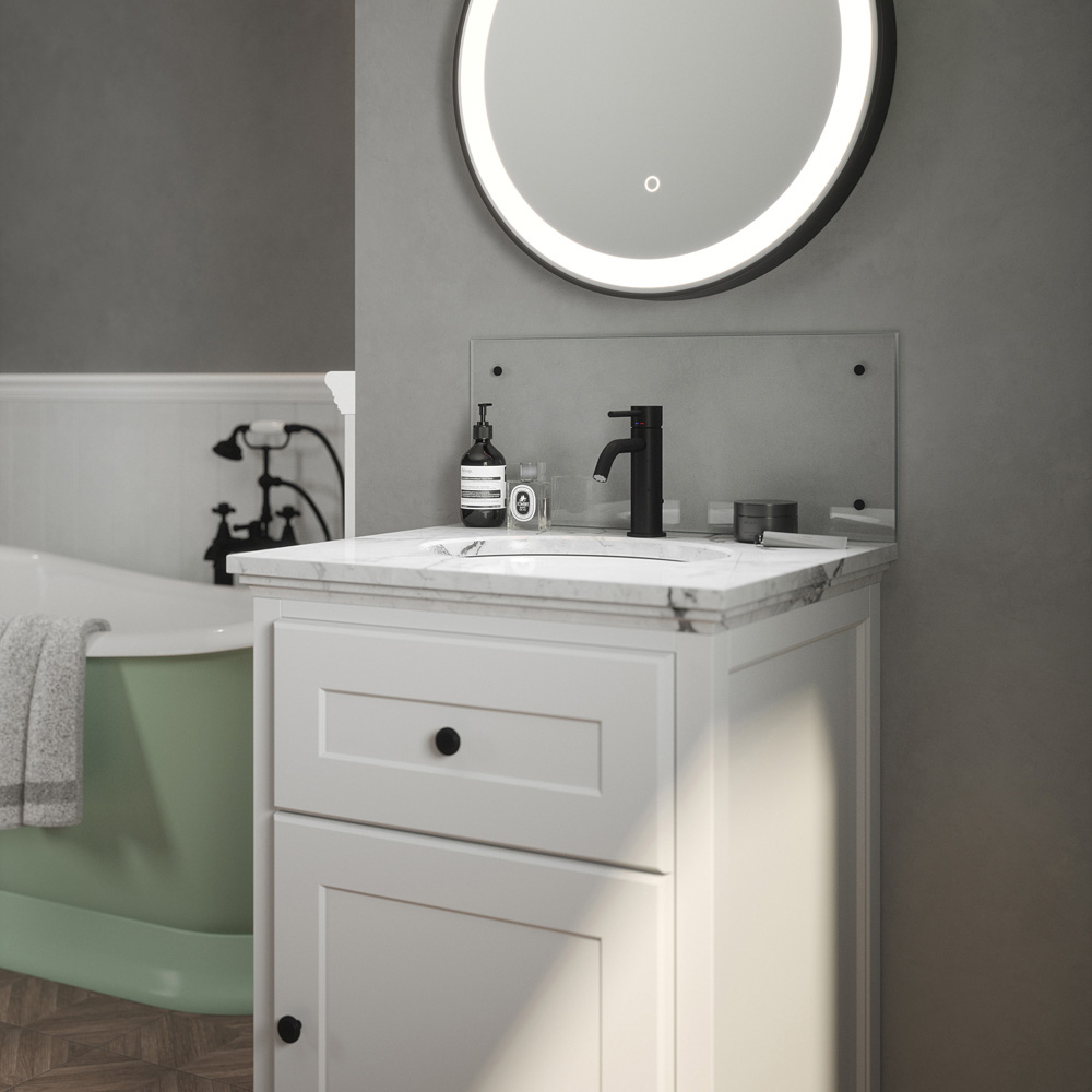 Clear Glass Bathroom Splashback with Matt Black Caps 500 x 250 x 4mm Image 2