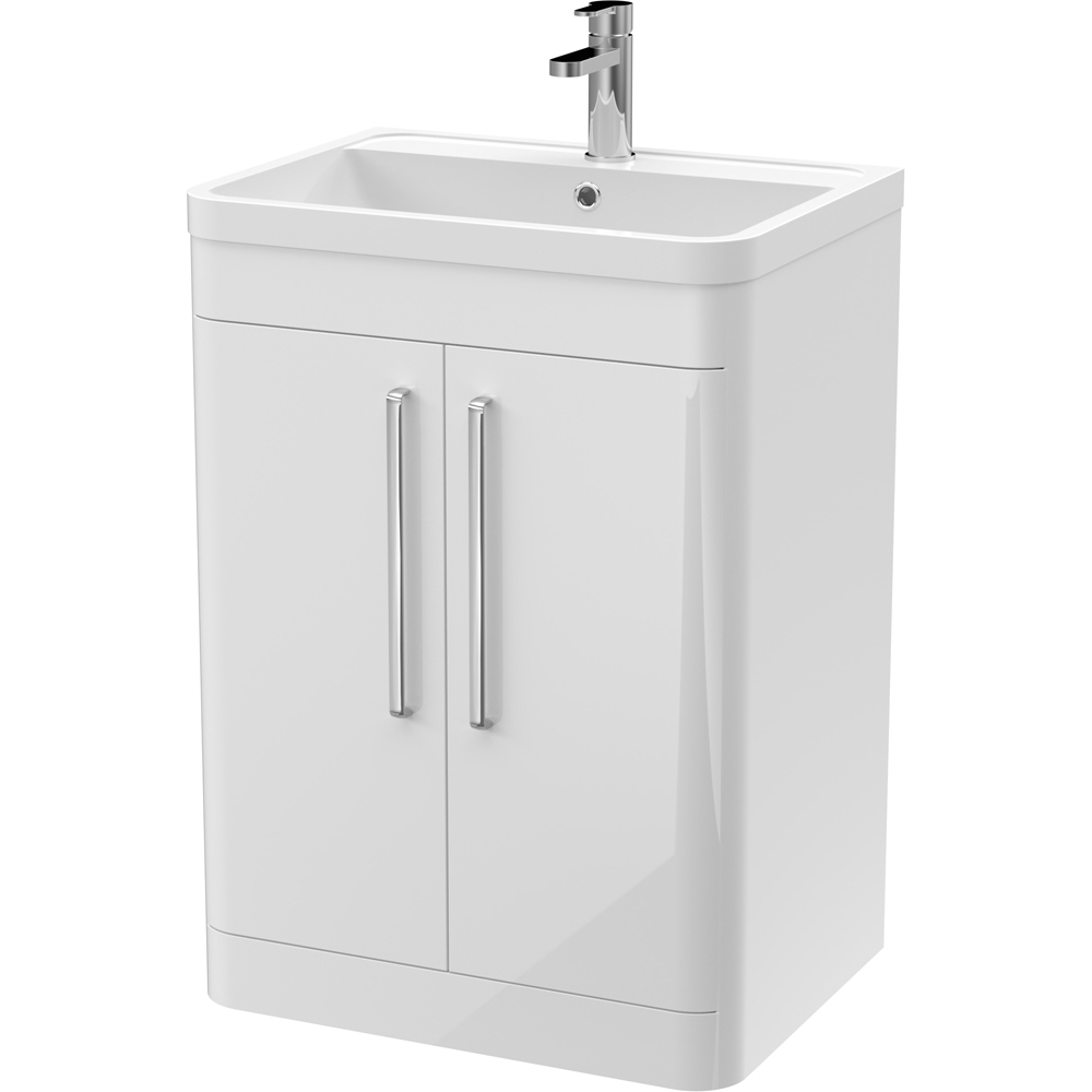 nuie Parade 2 Door Gloss White Floor Standing Vanity Unit and 1 Tap Hole Polymarble Basin 600mm Image 1