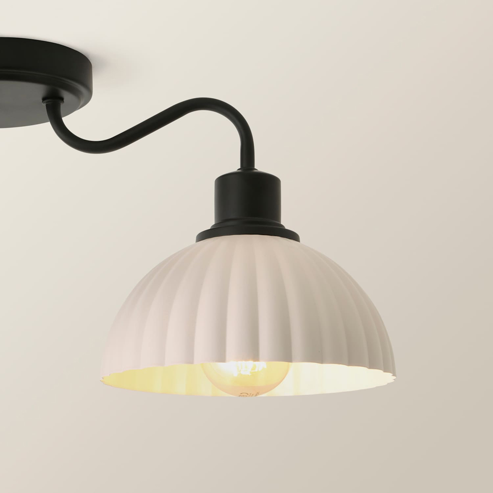 ValueLights Bourton 3 Arm Cream Ribbed Dome Shade Matte Black Ceiling Light with Bulb Image 4