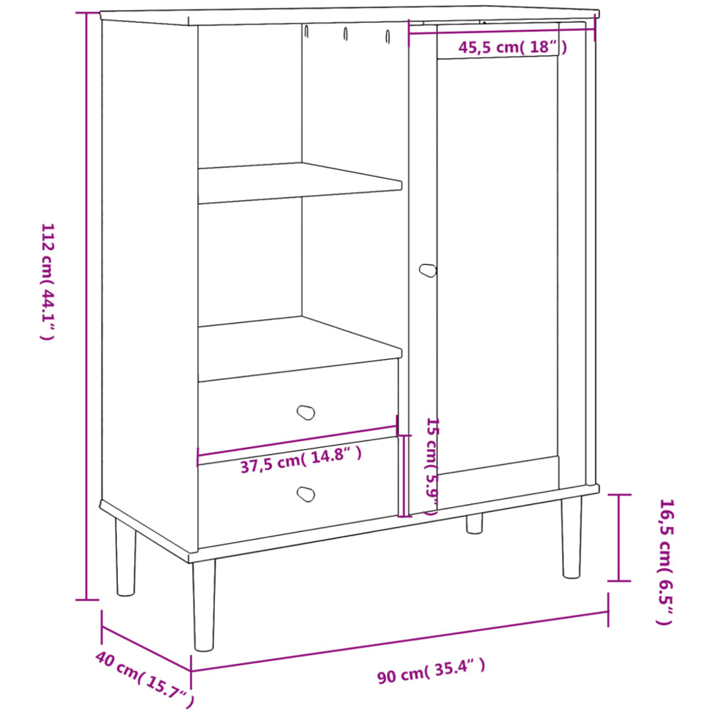 vidaXL Senja Single Door 2 Drawer 2 Shelf Brown Solid Pine Wood Rattan Look Highboard Image 9