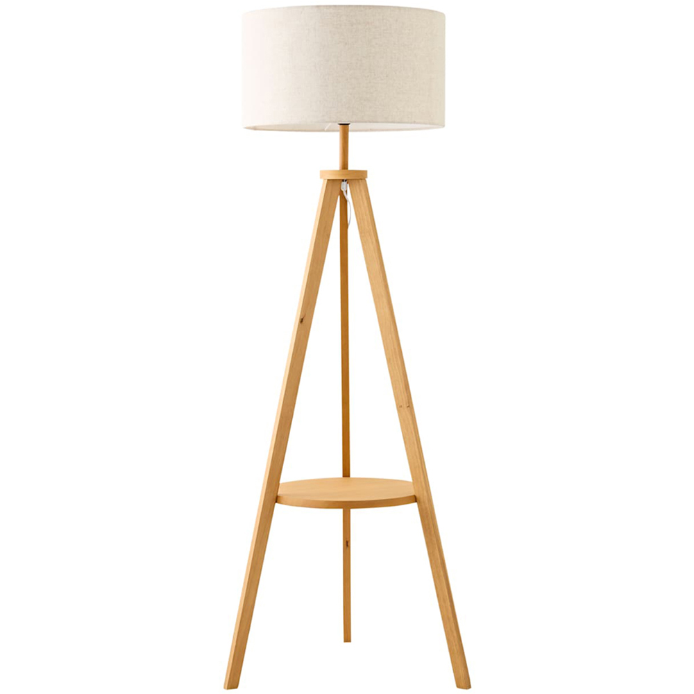ValueLights Morrigan Mid Wood Tripod Floor Lamp with Linen Fabric Drum Shade and Bulb Image 1