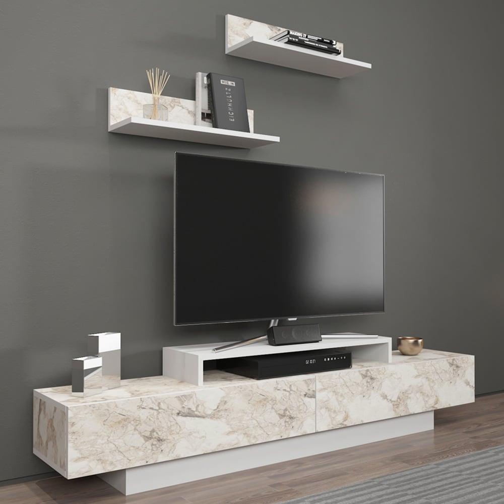 Decorotika Lusi 2 Door Single Shelf White Marble Effect and White TV Unit with 2 Wall Shelf Image 1