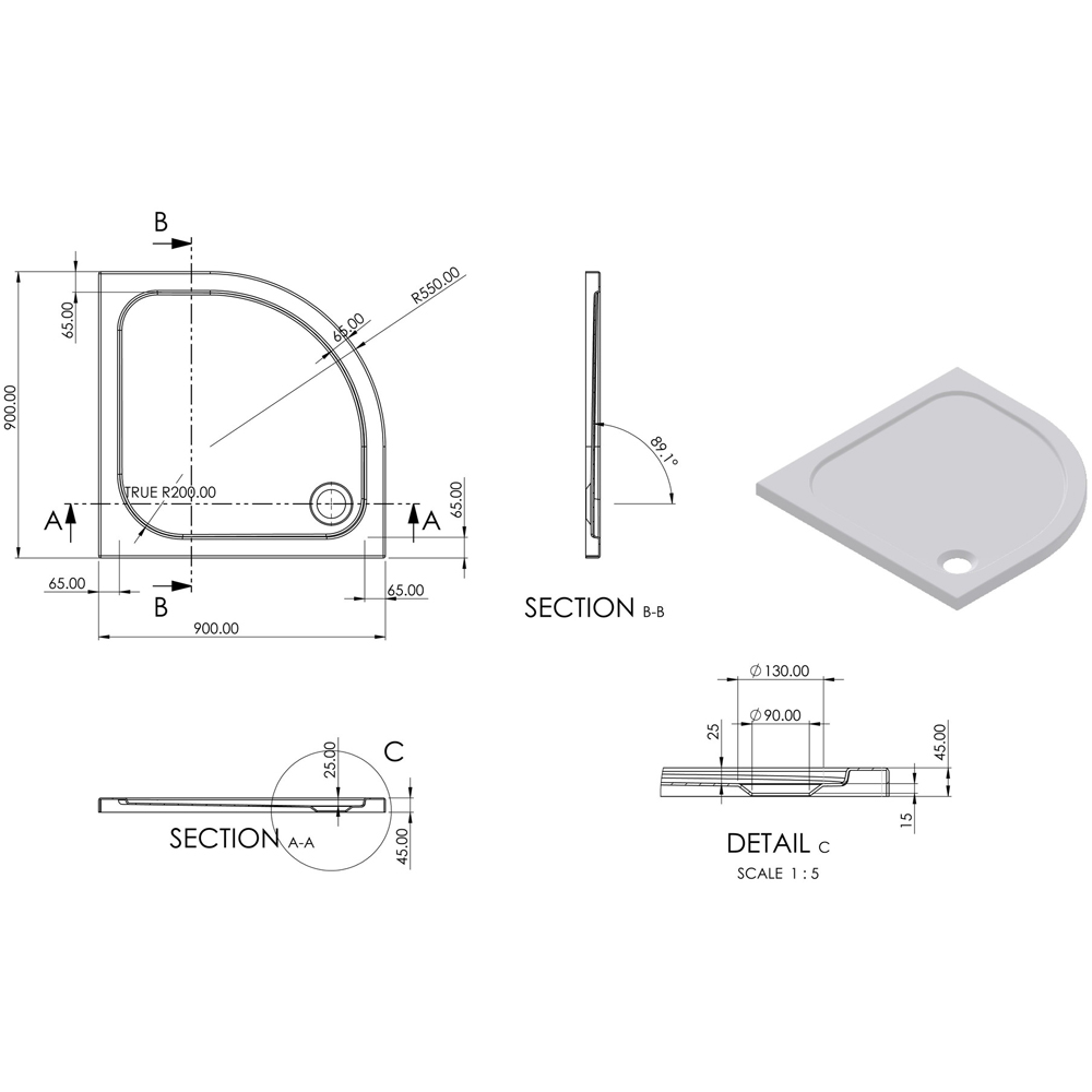 Bathstore 45mm White Glass Reinforced Plastic Quadrant Shower Tray with Chrome Waste 900 x 900mm Image 3