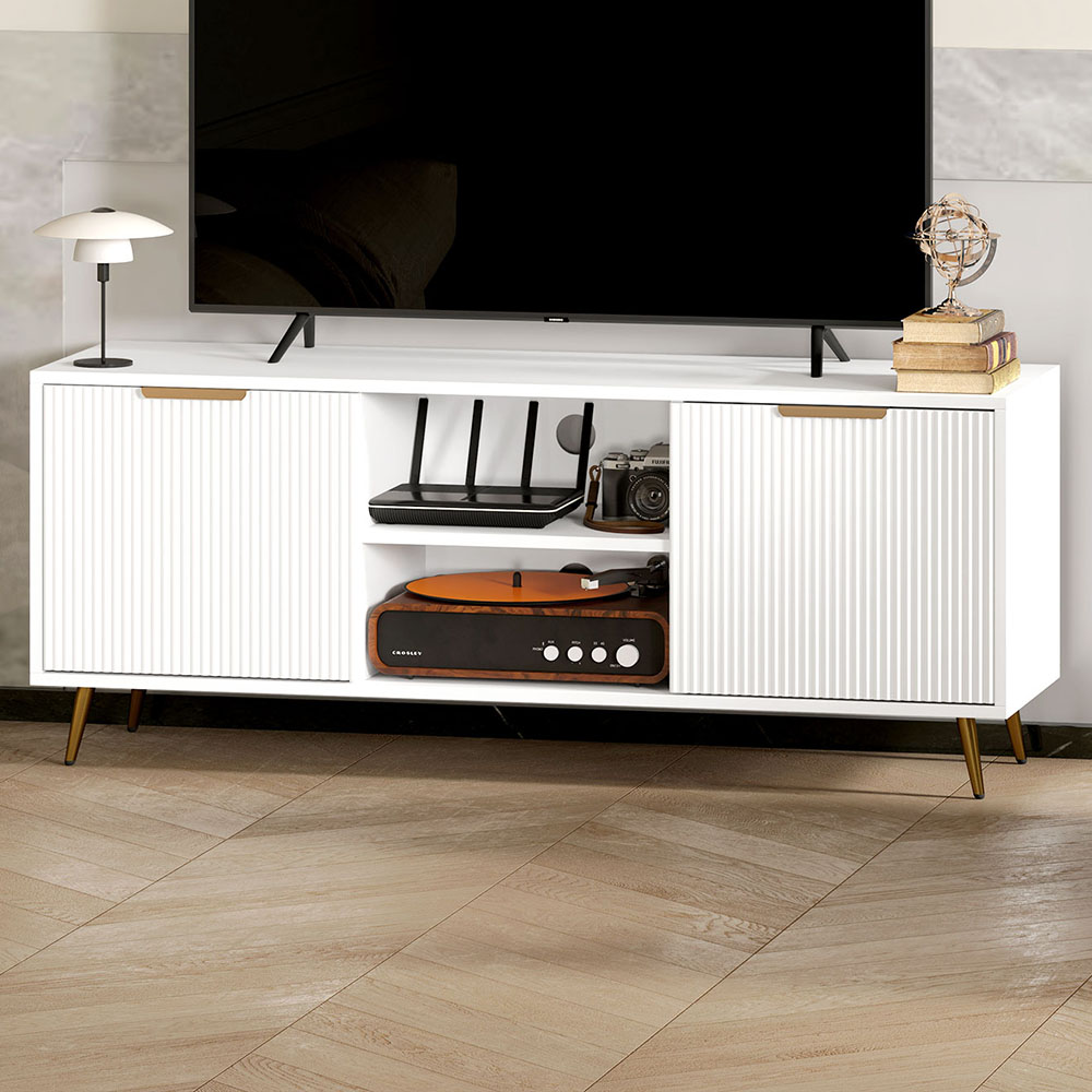 HOMCOM 2 Door 2 Shelf White TV Stand Cabinet Image 1