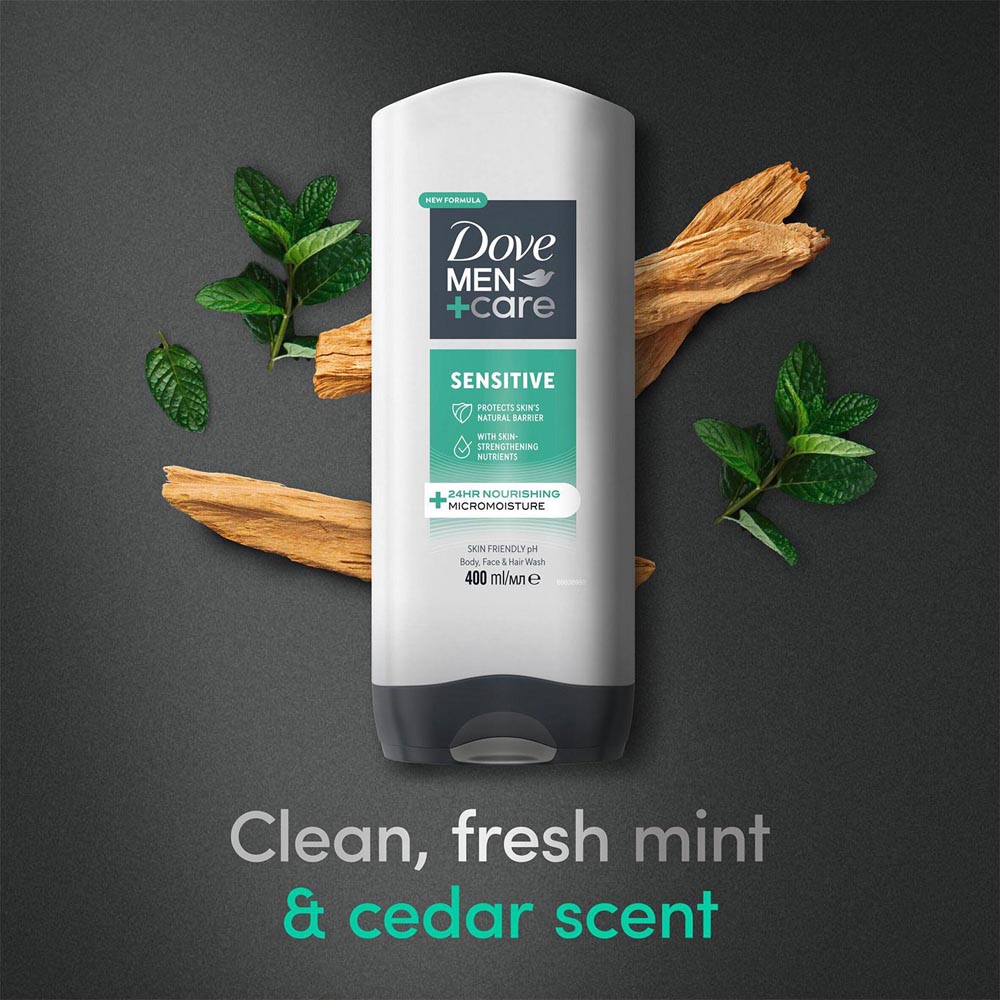 Dove Men+ Care 3-in-1 Hydrating Sensitive Body Face and Hair Wash 400ml 18 Pack Image 8
