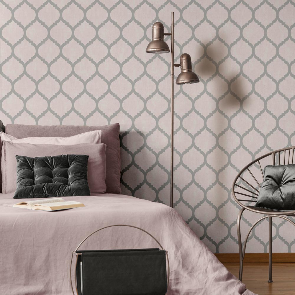 Darcy James Zara Trellis Pink and Silver Wallpaper Image 3