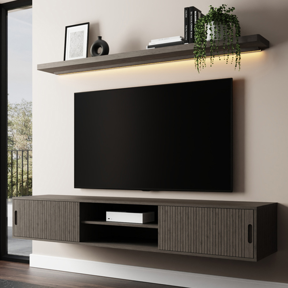 GFW Nina 2 Door 2 Shelf Grey Wall Mounted TV Unit with LED Wall Shelf Image 1