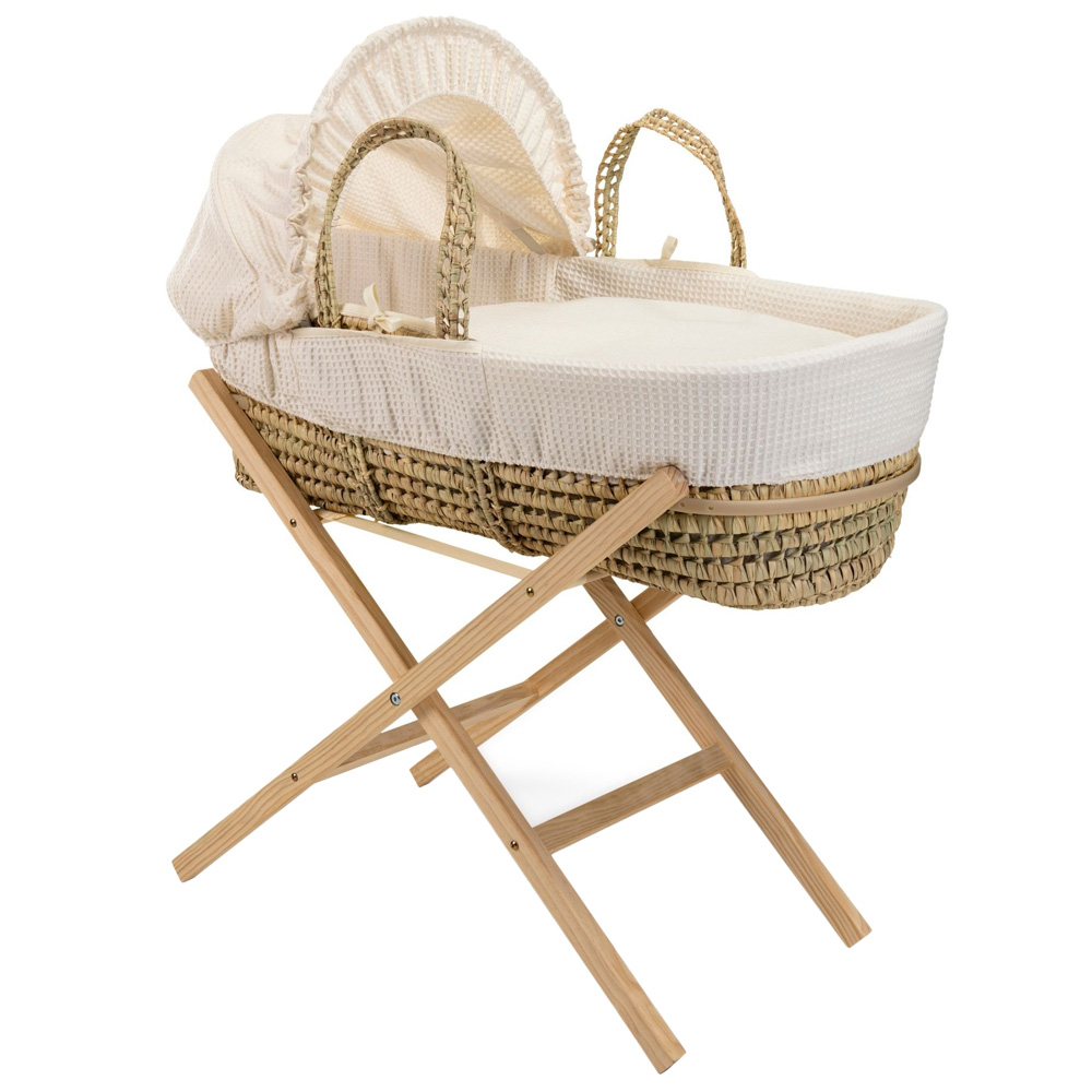 Clair De Lune Cream Waffle Palm Moses Basket with Folding Stand Image 1