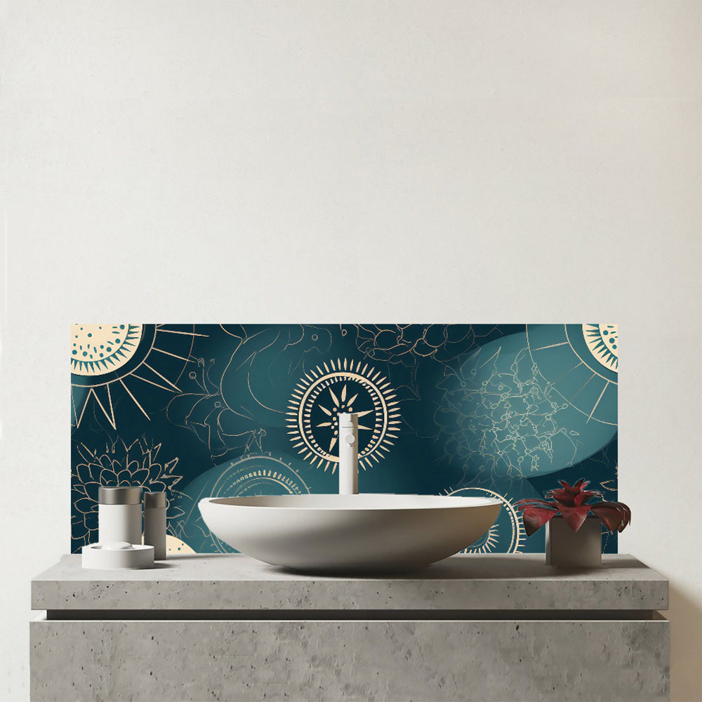 Warren Reed Designer Blue Moon and Sun Glass Bathroom Splashback 25 x 60cm Image 1