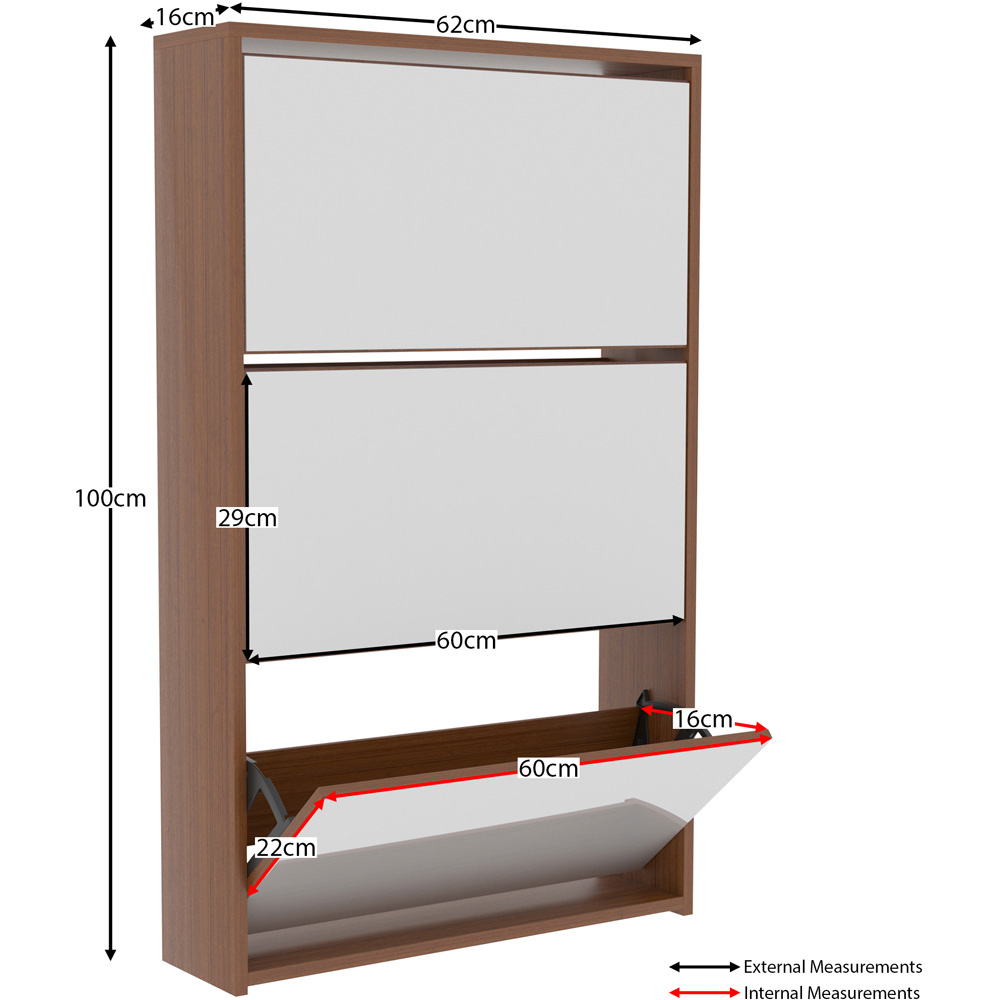 Home Vida Welham Walnut 3-Drawer Mirrored Shoe Cabinet Rack Image 9